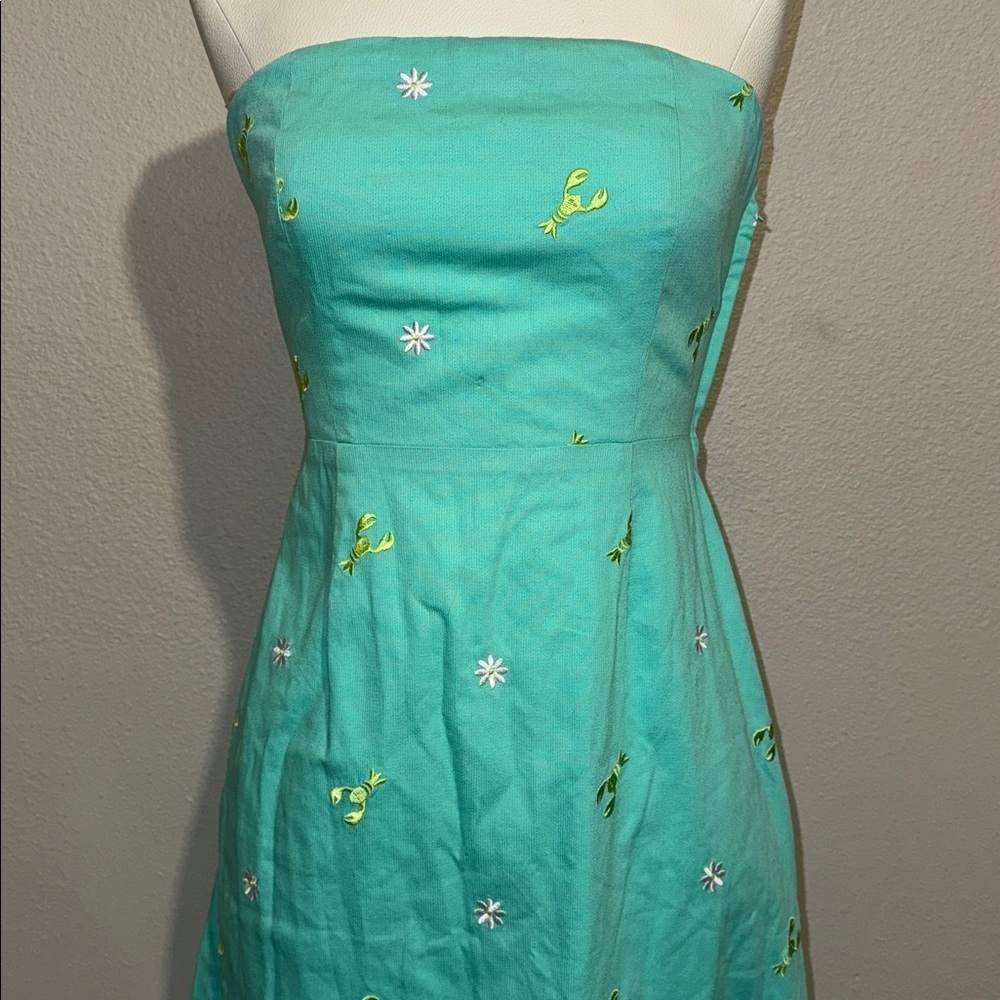 Lilly Pulitzer Vintage Embroidered Lobster and Daisy Teal Strapless Dress - Picture 3 of 6